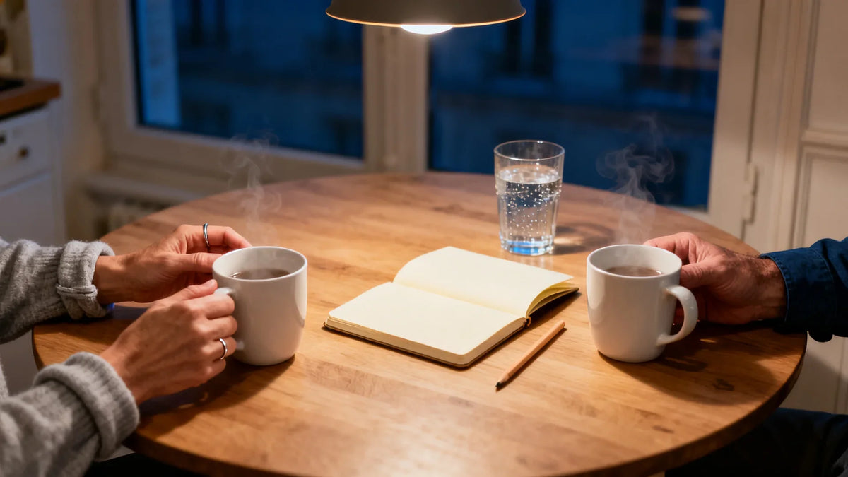 Les mains d'un couple autour de deux mugs de thé fumant sur une table de cuisine en bois, le soir, avec un carnet ouvert aux pages blanches, un crayon et un verre d'eau gazeuse.