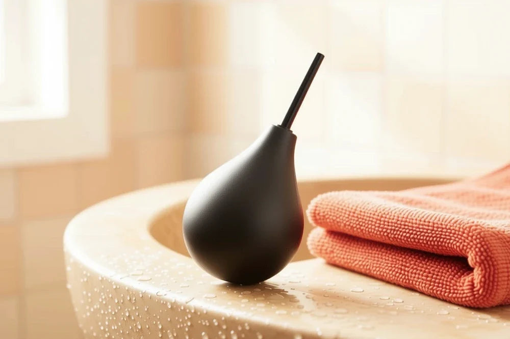 Poire à lavement posée au bord d'une vasque de salle de bain