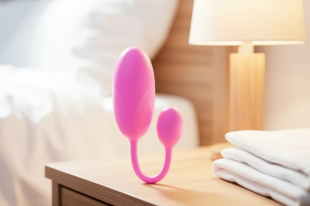 Œuf vibrant connecté posé sur une table de chevet, près d'une lampe allumée