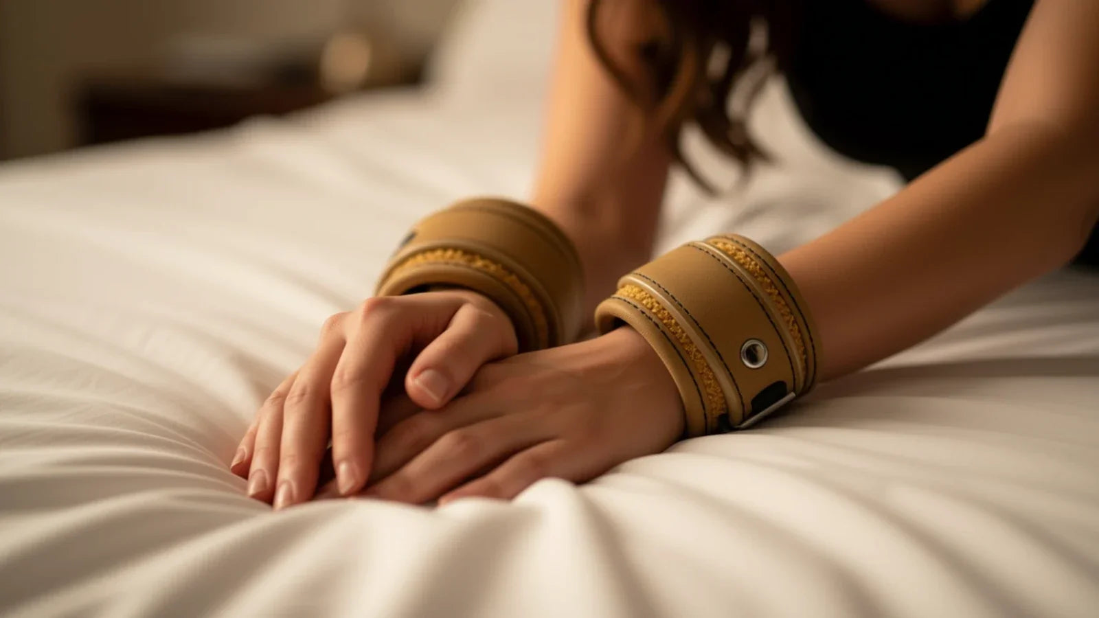 Poignets d'une femme dans des menottes de bondage en cuir rembourré sur un lit