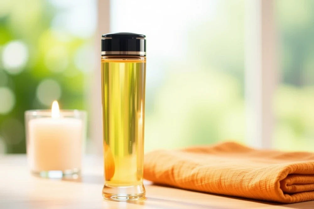 Flacon d'huile de massage sur une table basse en bois, bougie floue en arrière-plan