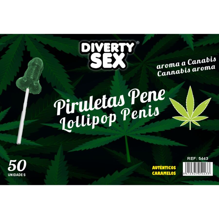 Bocal 50 Sucettes Forme Pénis 3 Arômes Fraise Cannabis Cola - Diablo Goloso