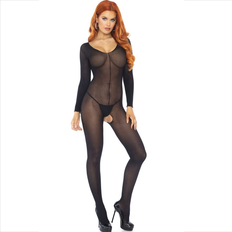 Bodystocking Manches Longues Nylon Extensible Taille Unique Noir - Leg Avenue