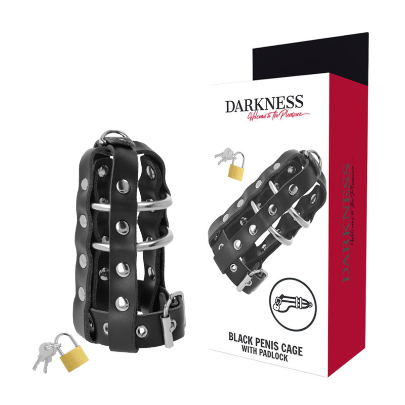 Cage de Chasteté Cuir Vegan Anneaux Ajustables avec Serrure - Darkness