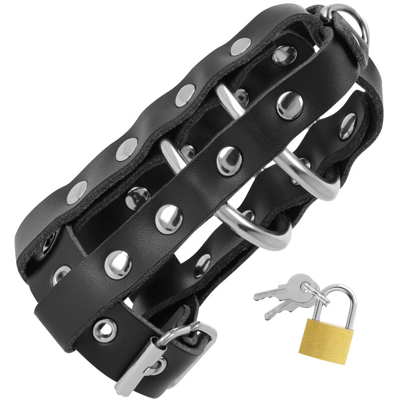 Cage de Chasteté Cuir Vegan Anneaux Ajustables avec Serrure - Darkness