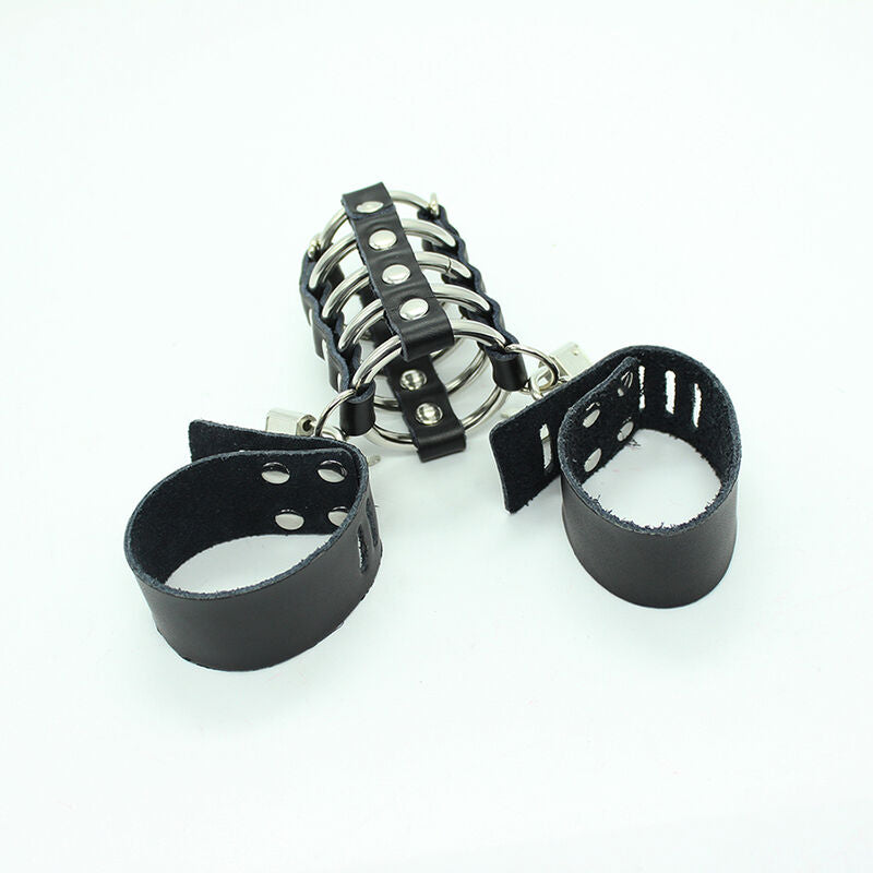 Cage de Chasteté Pénis Anneaux Métalliques Sangle Cuir Réglable - Ohmama
