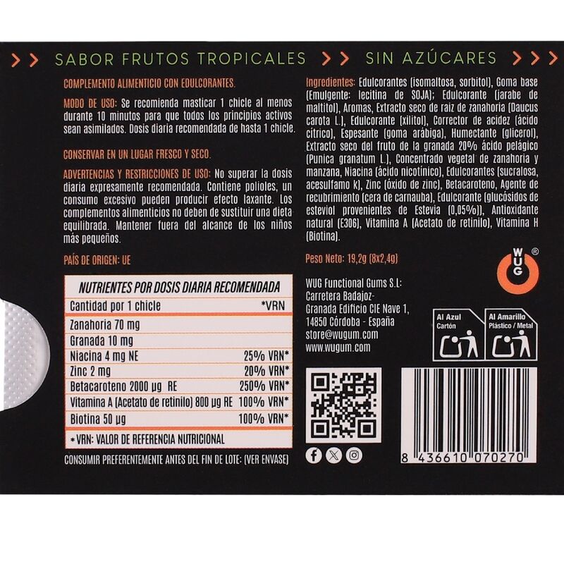Chewing-Gum Énergie Wug Solar Vitamines Zinc Fruits Tropicaux 8 Unités