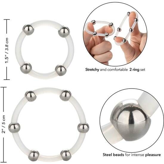 Cockring Silicone Perles Acier Set de 2 Tailles L et XL - CalExotics