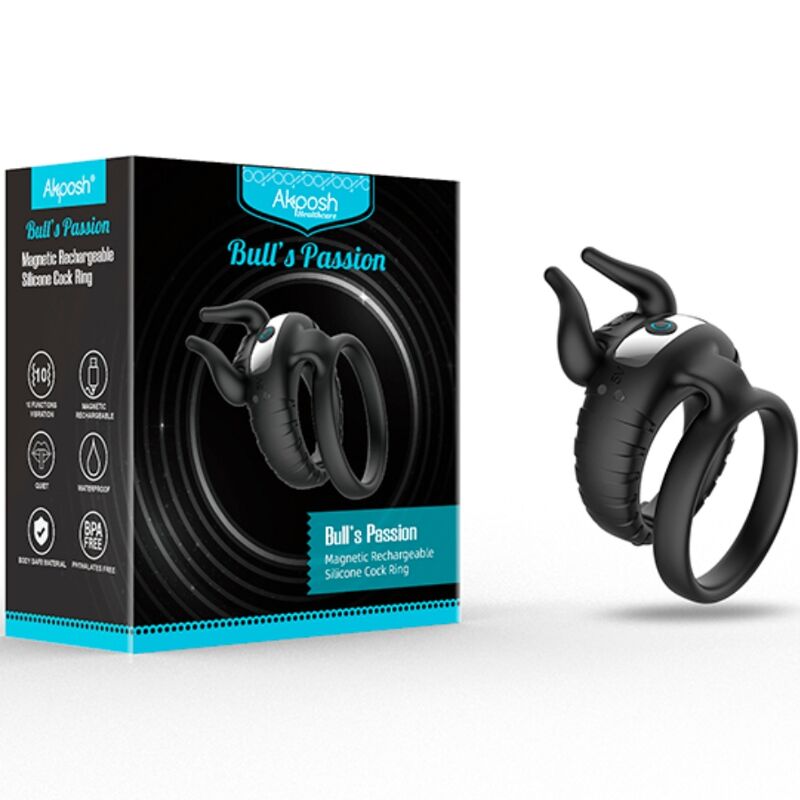 Cockring Vibrant Bull's Pasion 10 Modes Rechargeable Étanche Noir - Armony