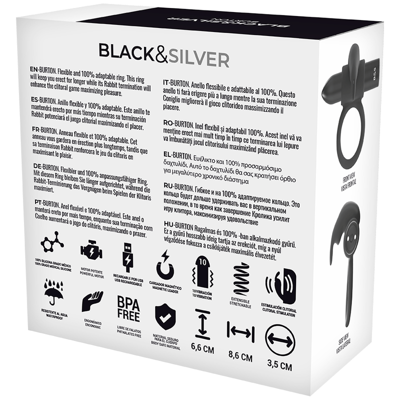 Cockring Vibrant Télécommandé Burton 10 Modes Rechargeable Étanche - Black&Silver
