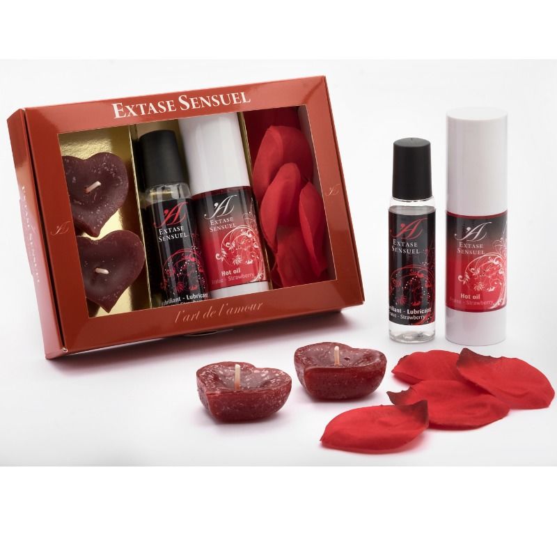 Coffret Cadeau Tentation Rouge Huile Chauffante Gel Fraise Pétales Bougies - Extase Sensual