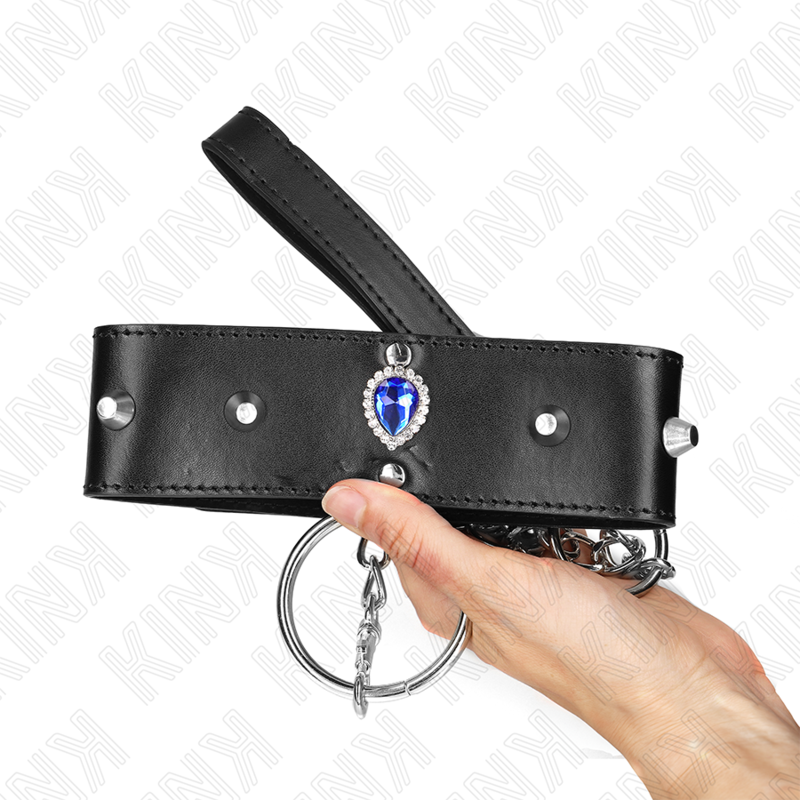 Collier BDSM Bracelet Strass Bleu Ajustable Cuir 65 cm - Kink