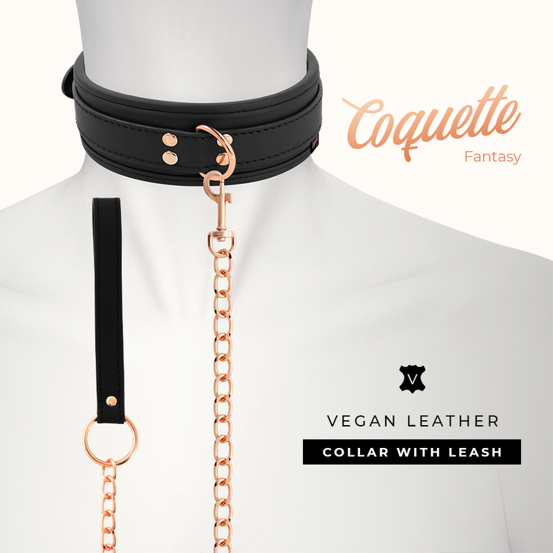 Collier BDSM Cuir Végan avec Laisse et Doublure Néoprène - Coquette