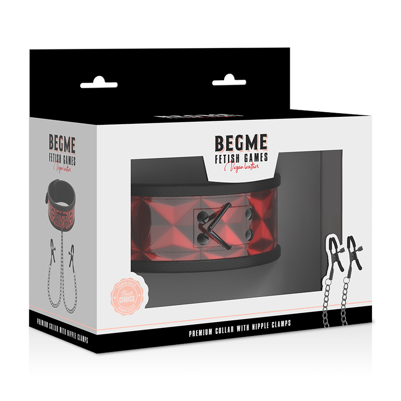 Collier BDSM Rouge avec Pinces à Tétons Doublure Néoprène Réglable - Begme