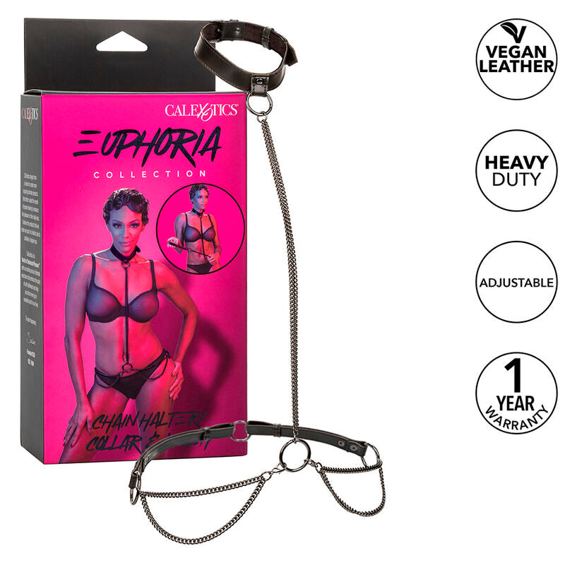 Collier et Laisse BDSM Euphoria Cuir Végan Chaîne Métal Réglable - CalExotics