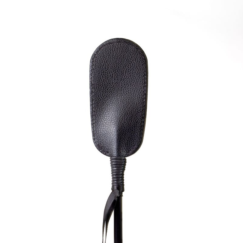 Cravache BDSM Noir Cuir Végétalien Embout Ovale 27,5 cm - Secretplay