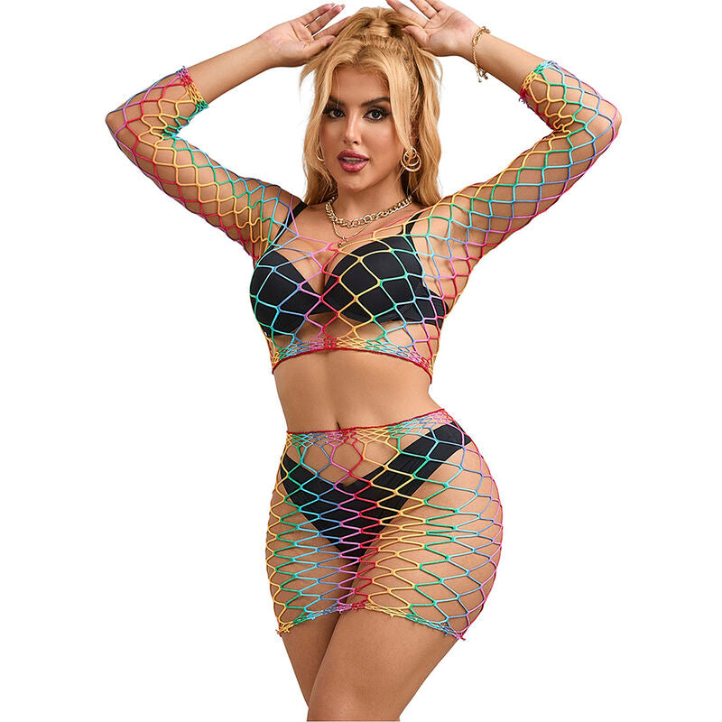 Ensemble Lingerie 2 Pièces Résille Manches Longues Arc-en-Ciel - Subblime
