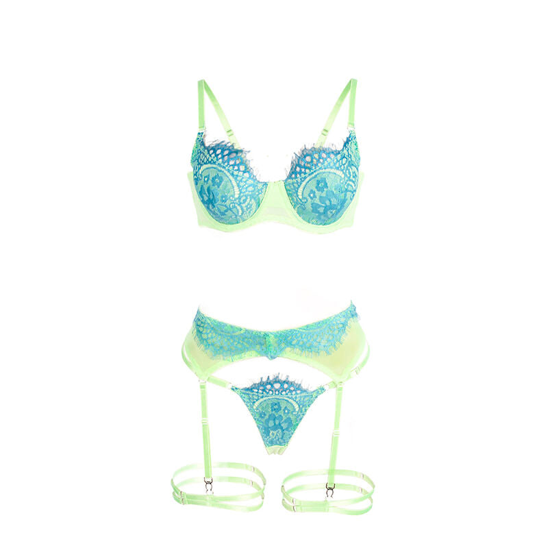 Ensemble Lingerie Soutien-Gorge Porte-Jarretelles Dentelle Vert Rose - Subblime