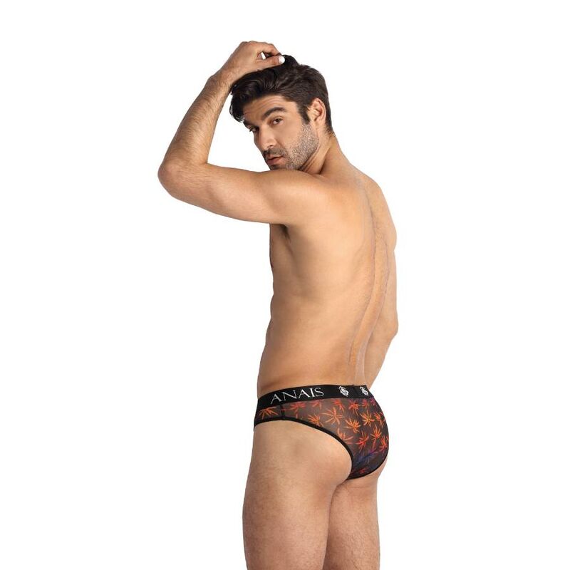 Homme de dos en slip Chill taille XL Anais Men, coupe échancrée en tulle imprimé