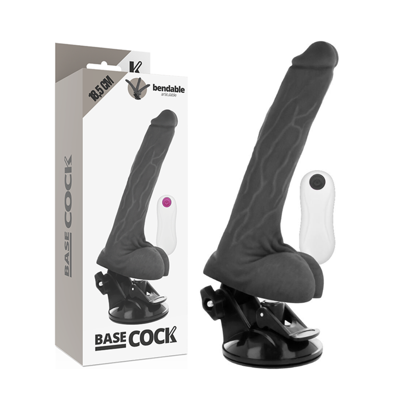 Boîte du gode vibrant articulable Basecock de 18,5 cm et sa commande blanche