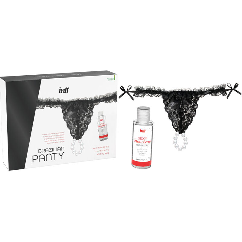 INTT RELEASES – SCHWARZE BRASILIANISCHE PANTIES MIT PERLEN UND GLEITGEL 50ML