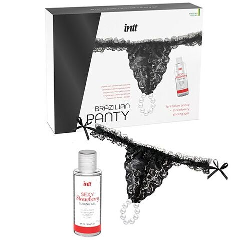 INTT RELEASES – SCHWARZE BRASILIANISCHE PANTIES MIT PERLEN UND GLEITGEL 50ML