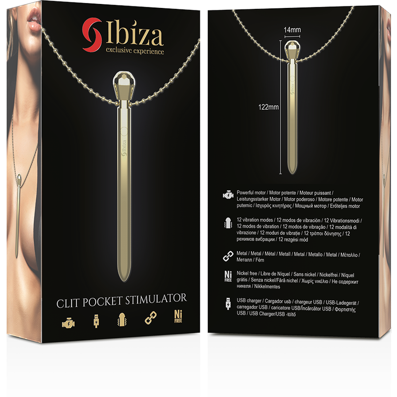 IBIZA – Klitorisstimulator-Taschenhalskette mit USB-Ladegerät, 12 Vibrationsmodi, Gold, 12,2 x 1,5