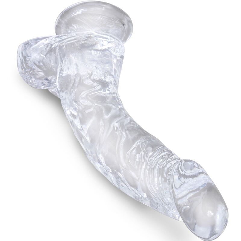 Klarer realistischer gebogener Penis mit Hoden 16,5 cm transparent