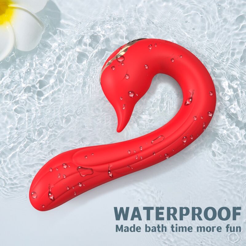 Vibromasseur rabbit Delfin rouge posé dans l'eau, visuel étanche d'Armony