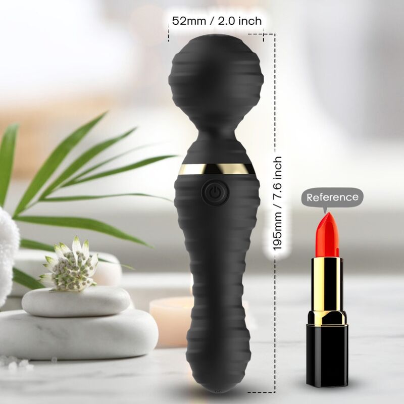 Wand Freedo noir d'Armony à côté d'un rouge à lèvres pour l'échelle, avec ses cotes