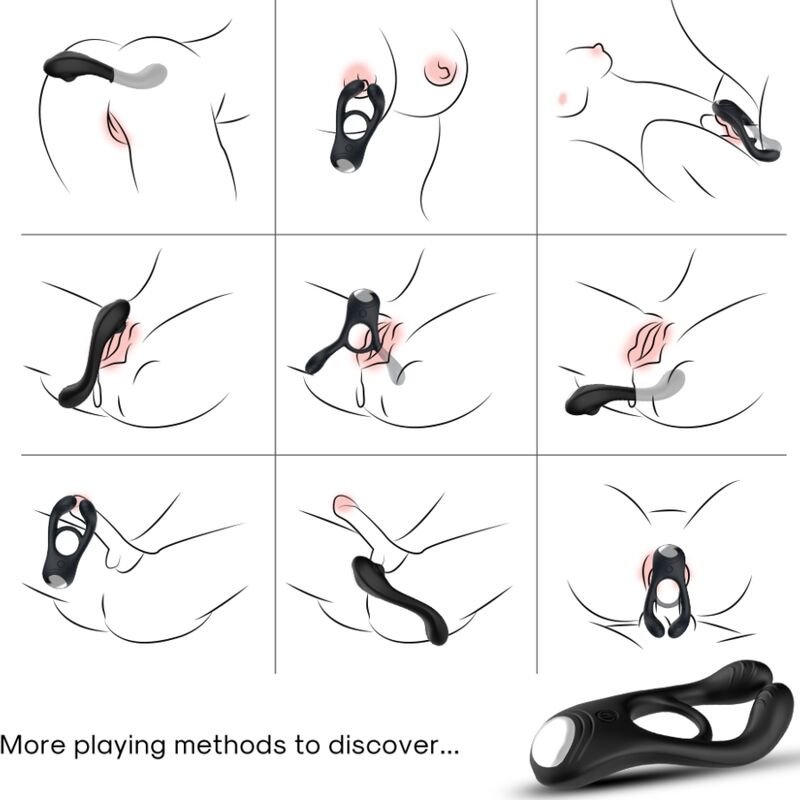 Illustrations des différentes positions d'usage du cockring Veyron télécommandé d'Armony