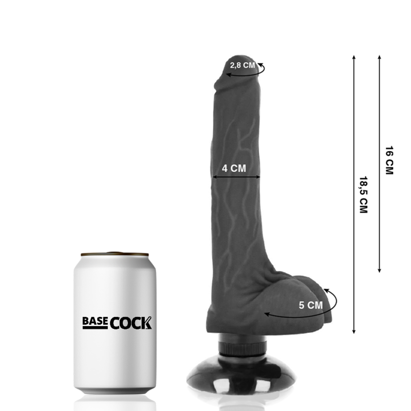 Cotes du gode vibrant Basecock noir de 18,5 cm comparées à une canette