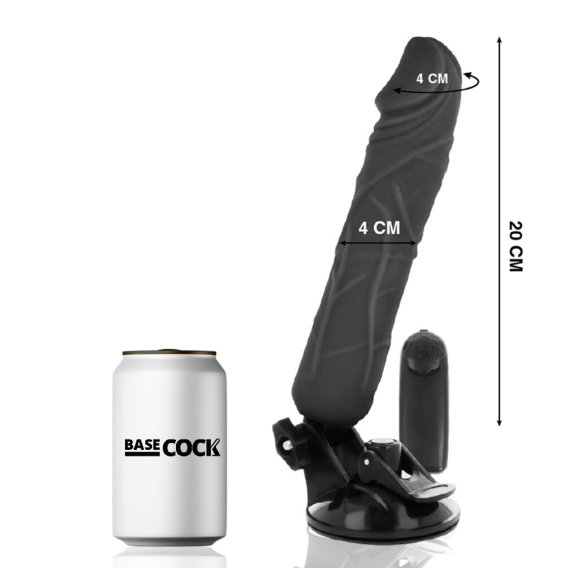Cotes du gode vibrant Basecock noir de 20 cm comparées à une canette