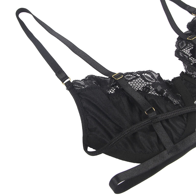 SUBBLIME – 3-TEILIGES SET: BH + STRING + SCHWARZER SPITZENSTÄNDER L/XL