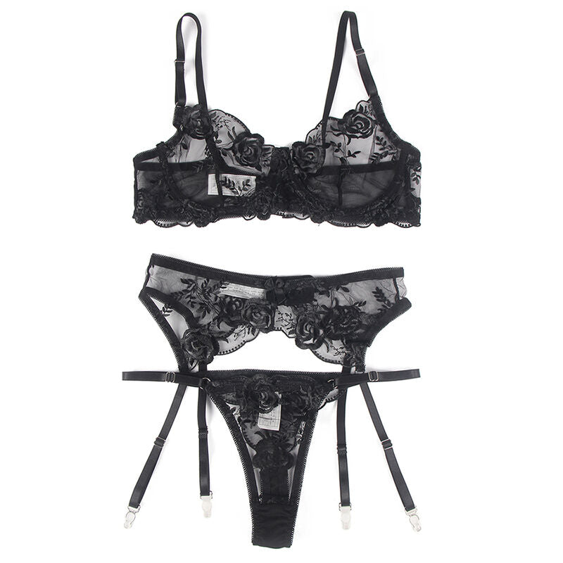 SUBBLIME – 3-TEILIGES SET: BH + STRING + STRUMPFHALTER, SCHWARZES BLUMENMUSTER, L/XL