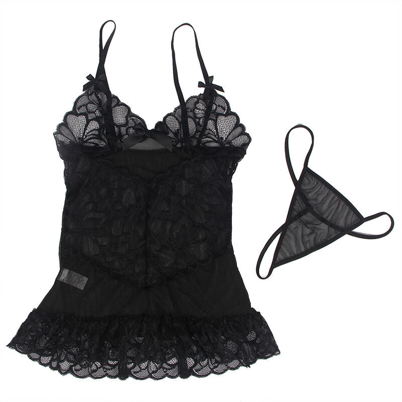 SUBBLIME - Babydoll mit verstellbaren Trägern und transparenter Spitze, schwarzes Blumenmuster, L/XL