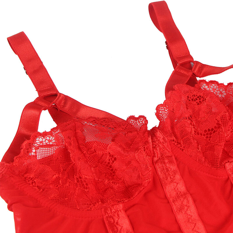SUBLIME - TEDDY MIT STRUMPFHALTER, ROTES BRUSTDETAIL, S/M