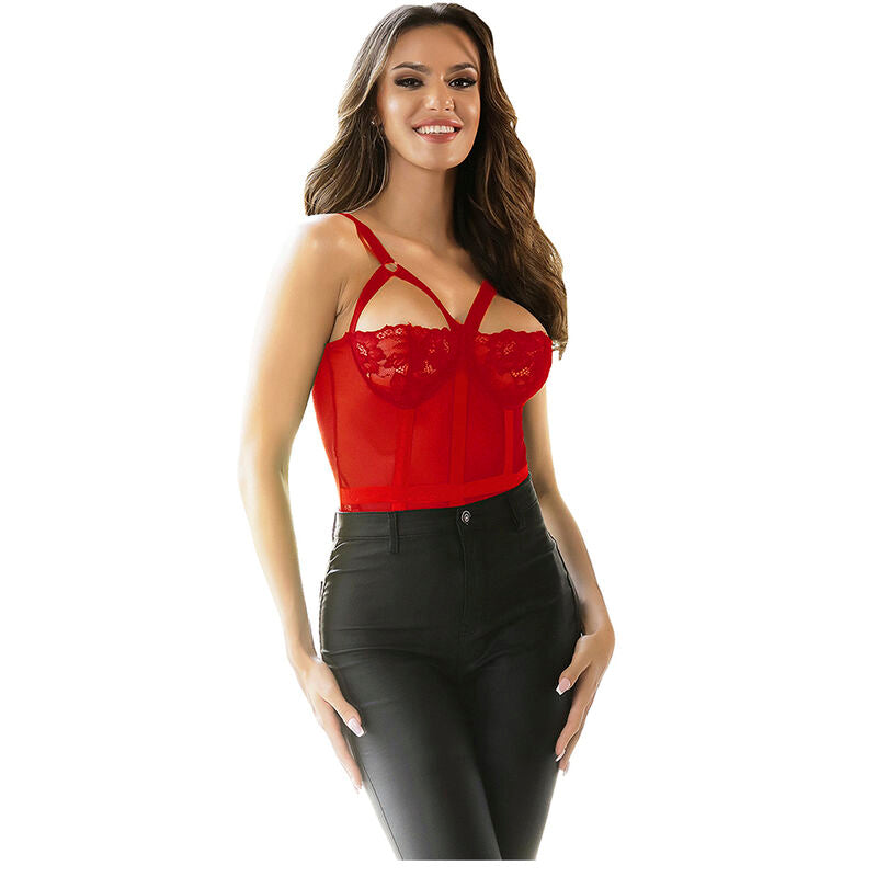 SUBLIME - TEDDY MIT STRUMPFHALTER, ROTES BRUSTDETAIL, S/M