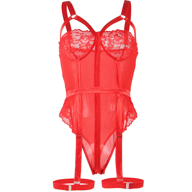 SUBLIME - TEDDY MIT STRUMPFHALTER, ROTES BRUSTDETAIL, S/M
