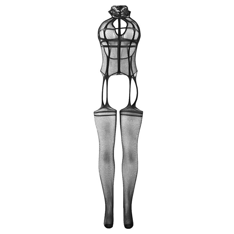 951986 offener Netz-Bodystocking mit Nackenprints schwarz Einheitsgröße