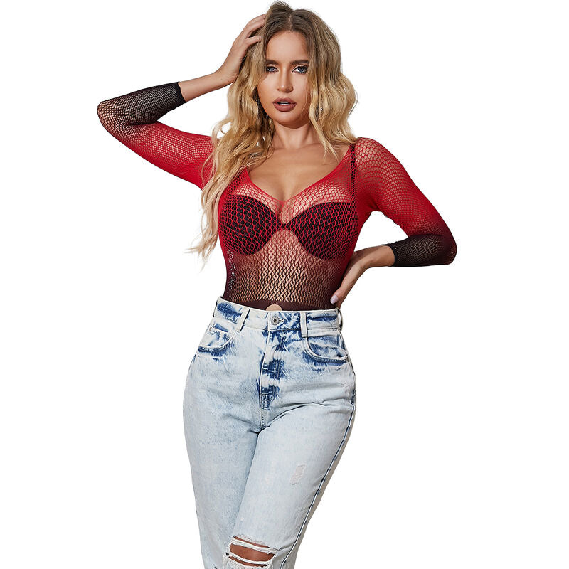 952259 elastisches Netzkleid mit langen Ärmeln, rot und schwarz, Farbverlauf, Einheitsgröße