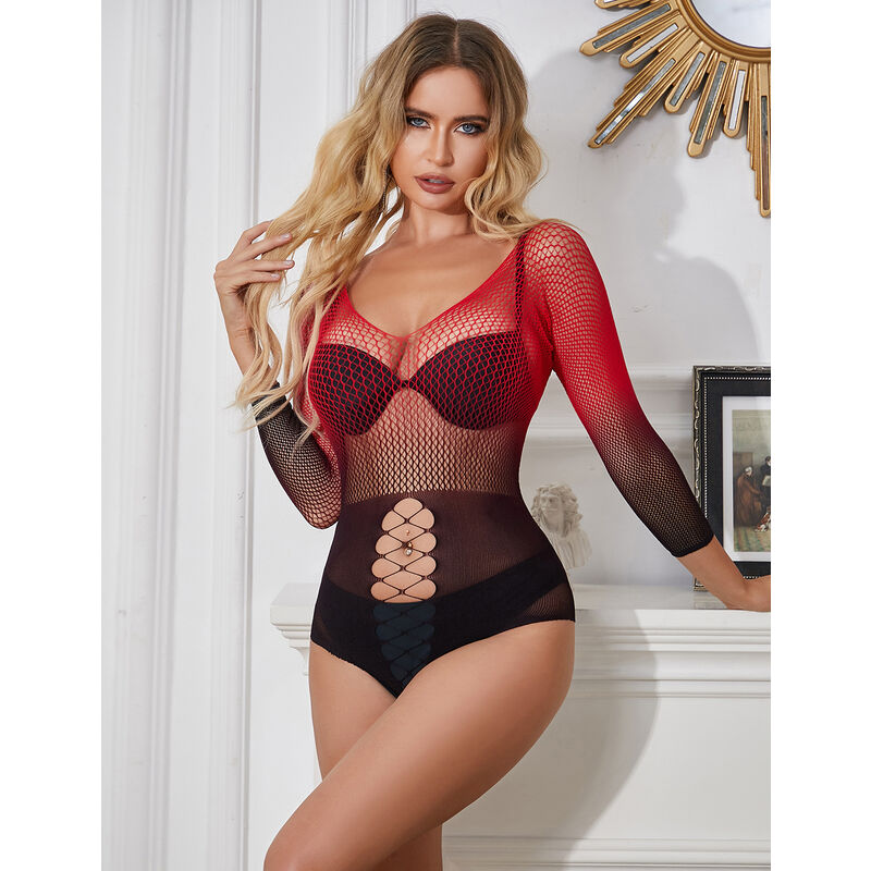 SUBBLIME – 952259 Elastisches Netzkleid, lange Ärmel, Rot-Schwarz-Ombré, Einheitsgröße