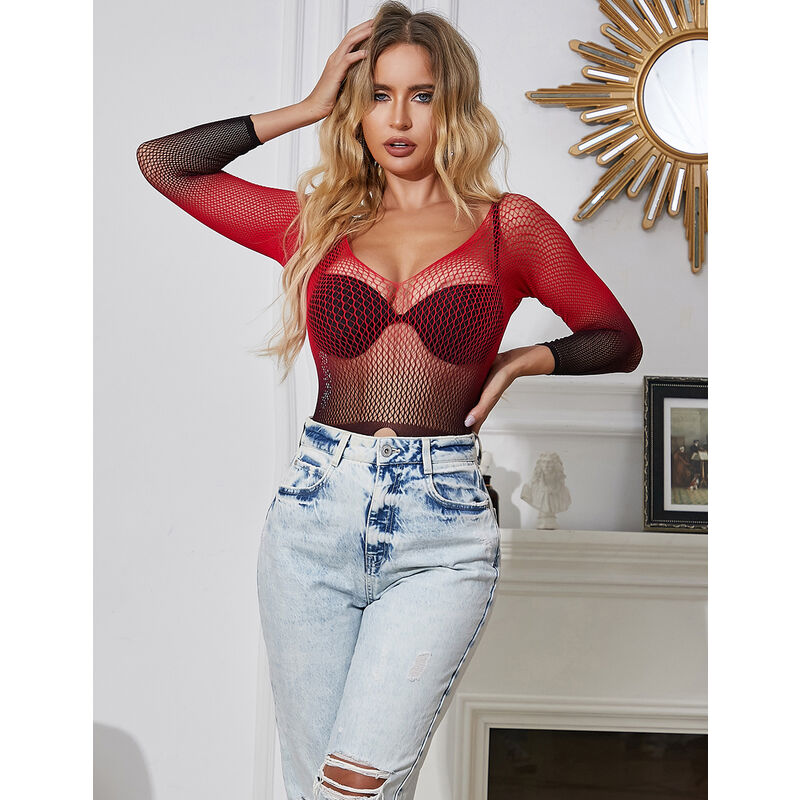 SUBBLIME – 952259 Elastisches Netzkleid, lange Ärmel, Rot-Schwarz-Ombré, Einheitsgröße