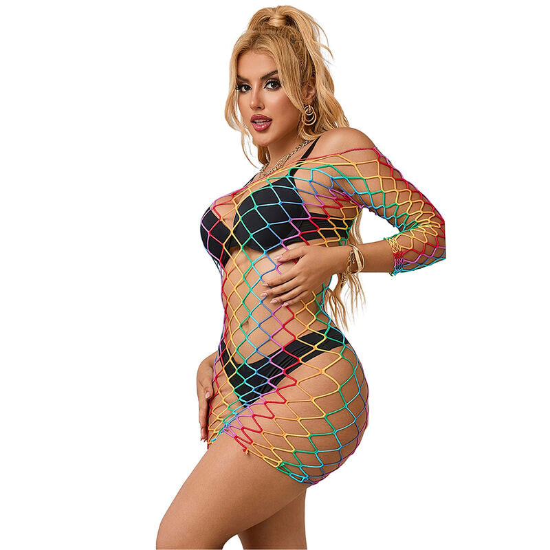 SUBBLIME - 952426 Regenbogenfarbenes, langärmeliges Netzkleid, Einheitsgröße