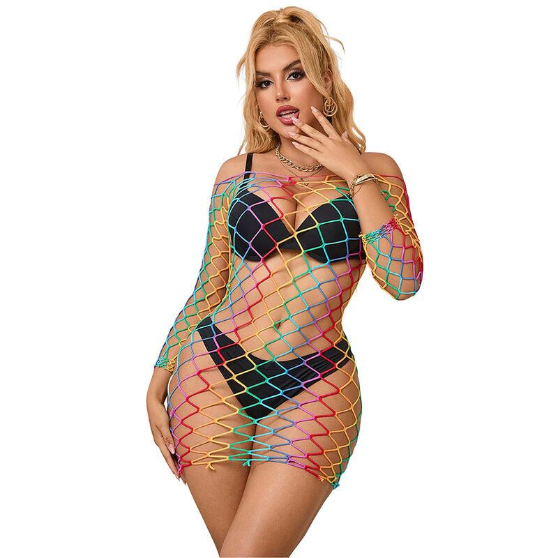 SUBBLIME - 952426 Regenbogenfarbenes, langärmeliges Netzkleid, Einheitsgröße