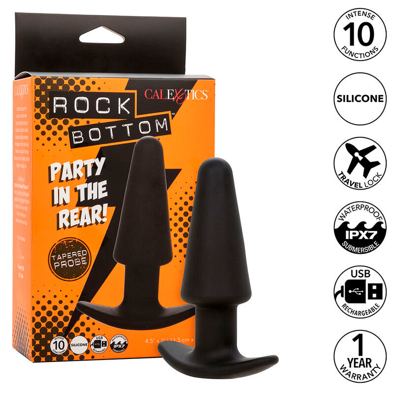 CALEXOTICS – ROCK BOTTOM KONISCHER ANALPLUG, 10 VIBRATIONEN, SILIKON SCHWARZ