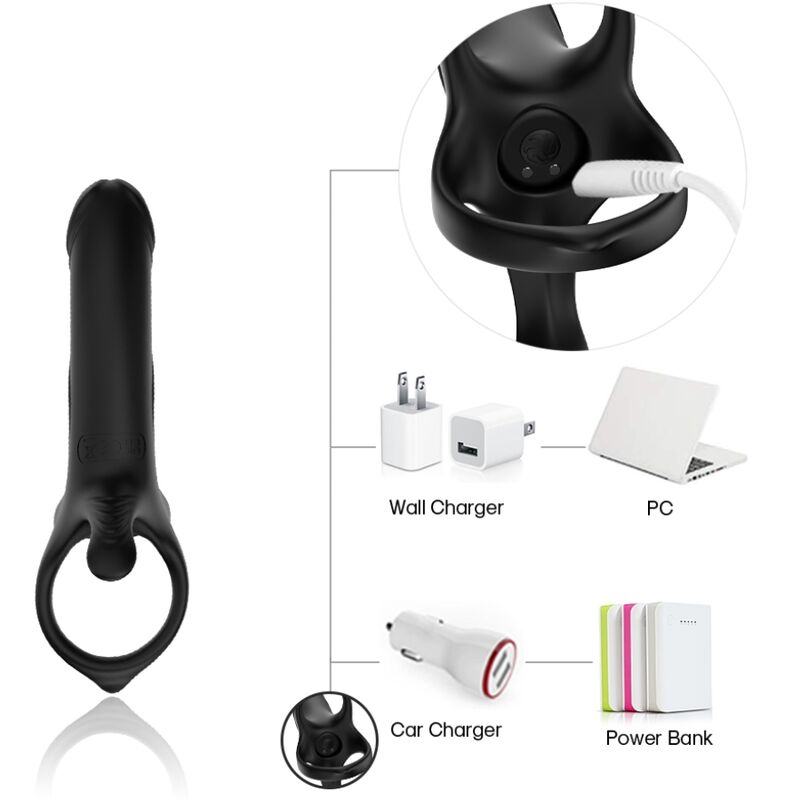 Cockring Armony vu de face avec son connecteur de recharge et ses chargeurs