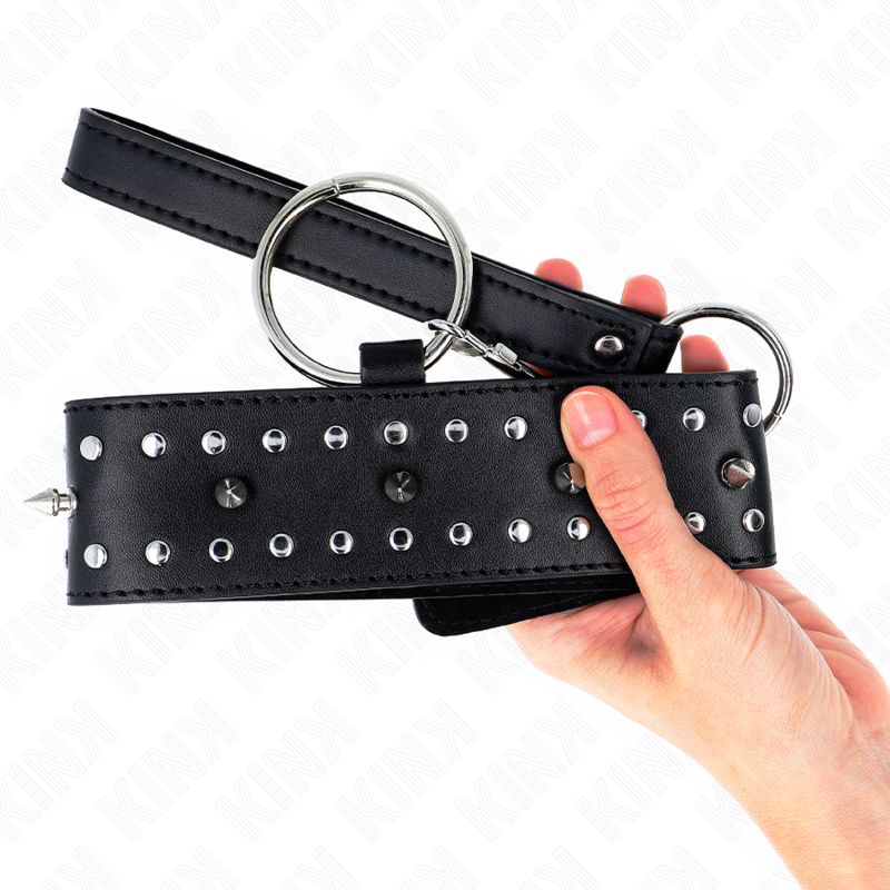 KINK - Halsband mit Leine, 65 cm, mit silbernen Nieten, Modell 1, verstellbar 36-43 cm x 5 cm
