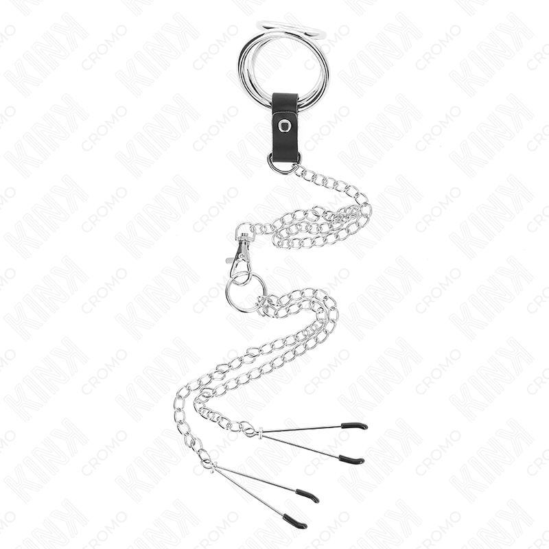 KINK – Dreifacher Penisring aus verchromtem Metall, 3 cm bis 4,5 cm, mit 26 cm Metallkette und Nippelklemmen