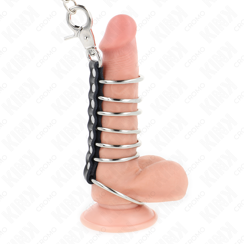 KINK - 7 ANNEAUX PÉNIS EN MÉTAL DE 3,8 CM À 5 CM CONNECTÉS AVEC DU CUIR ET UNE CHAÎNE EN MÉTAL 100 CM